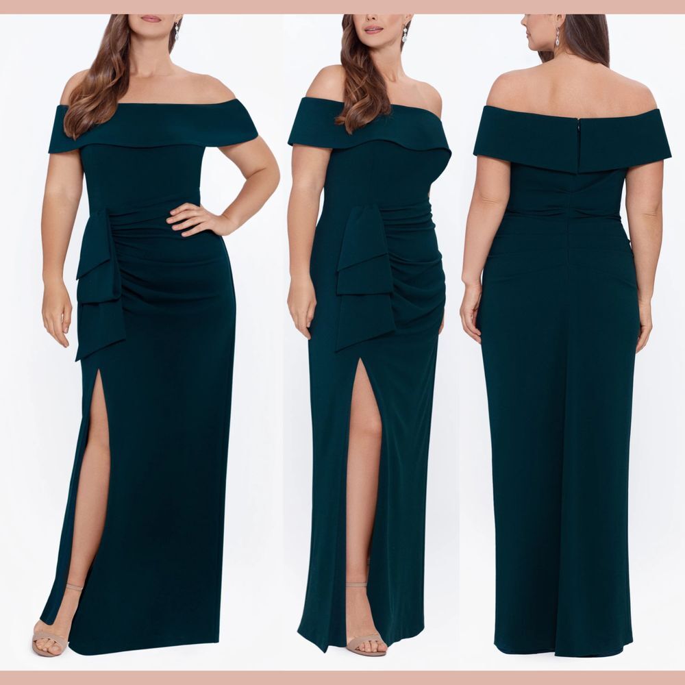 NWT $258 XSCAPE [‎ 22W ] CAMILA Ruched Off Shoulder Crepe Gown Pine Green